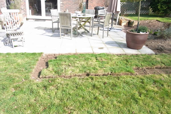 Before: a lawn beside the patio with the new border marked out