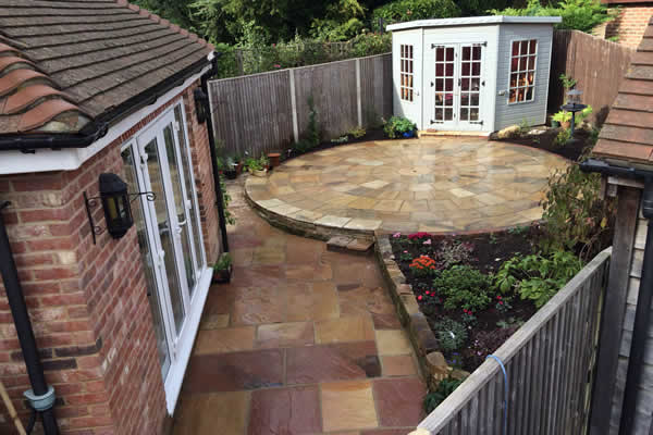 The circular paving seen from the house