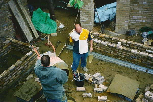 Two of the team building block walls on site